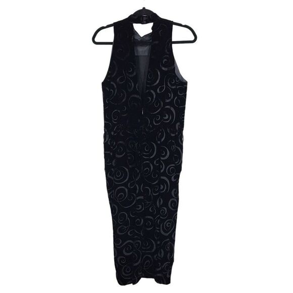 Vintage 80s Black Burnout Velvet Gown 10 Sleeveless Open Back Chocker Midi Swirl - Picture 6 of 15